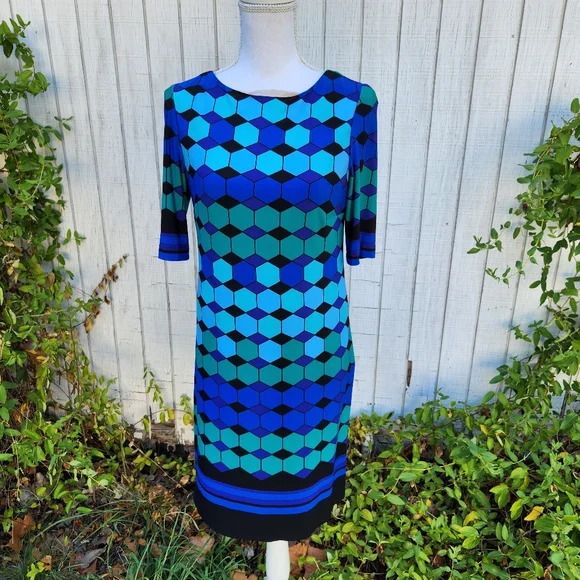 Eliza J Vintage Blue Black Geometric Mod Dress Size 4 - Picture 1 of 6